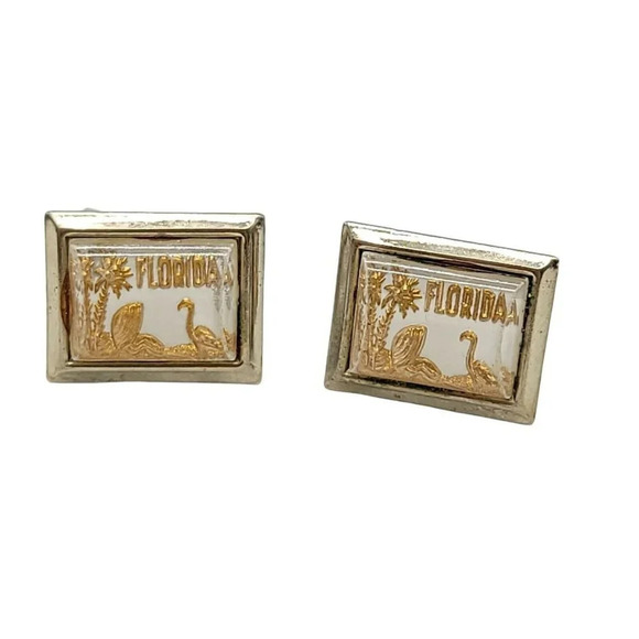 Florida Cufflinks State Lucite Plastic Cover Gift Souvenir MCM Gold Tone Vintage - Picture 1 of 4